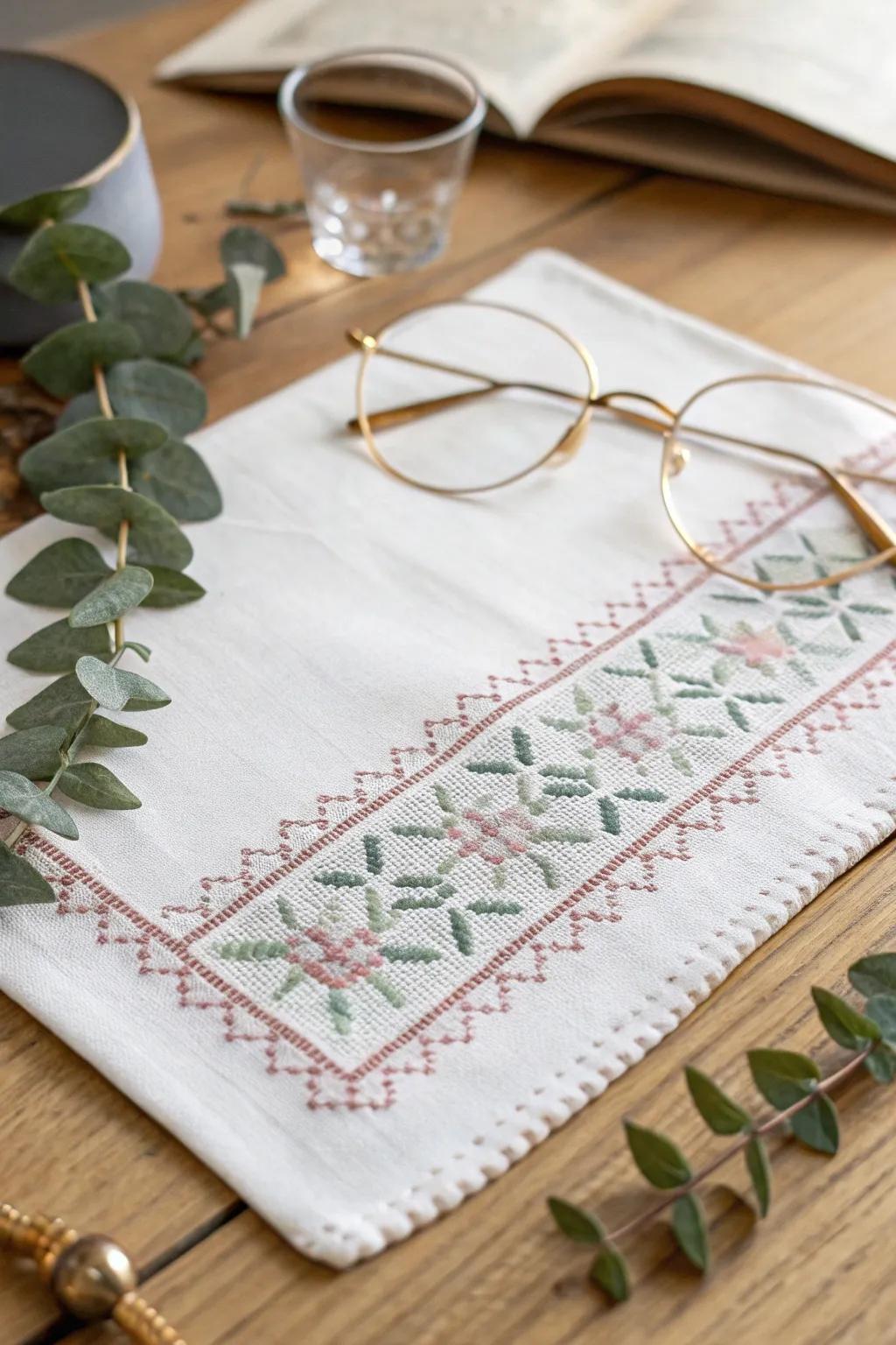 Add a handcrafted touch to your eyewear care with a soft cross stitch cloth.