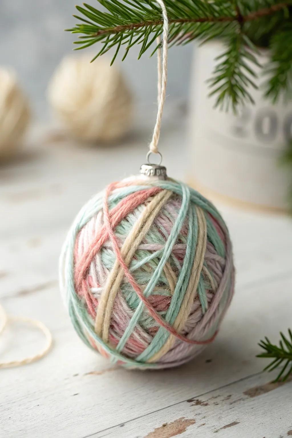 Add warmth and texture to your tree with handmade yarn-wrapped ball ornaments.
