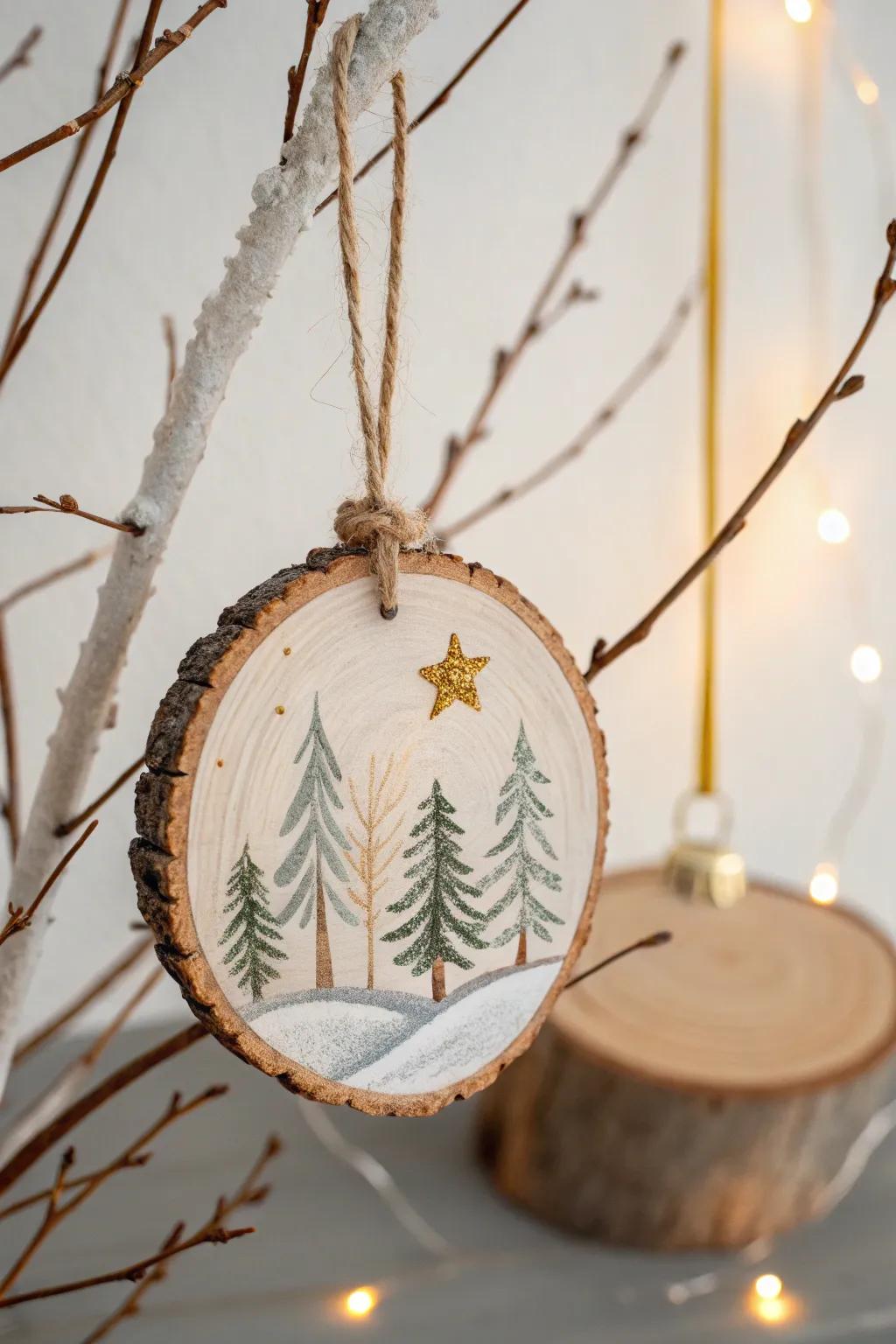 Add warmth to your holiday decor with hand-painted wood slice ornaments featuring festive designs.