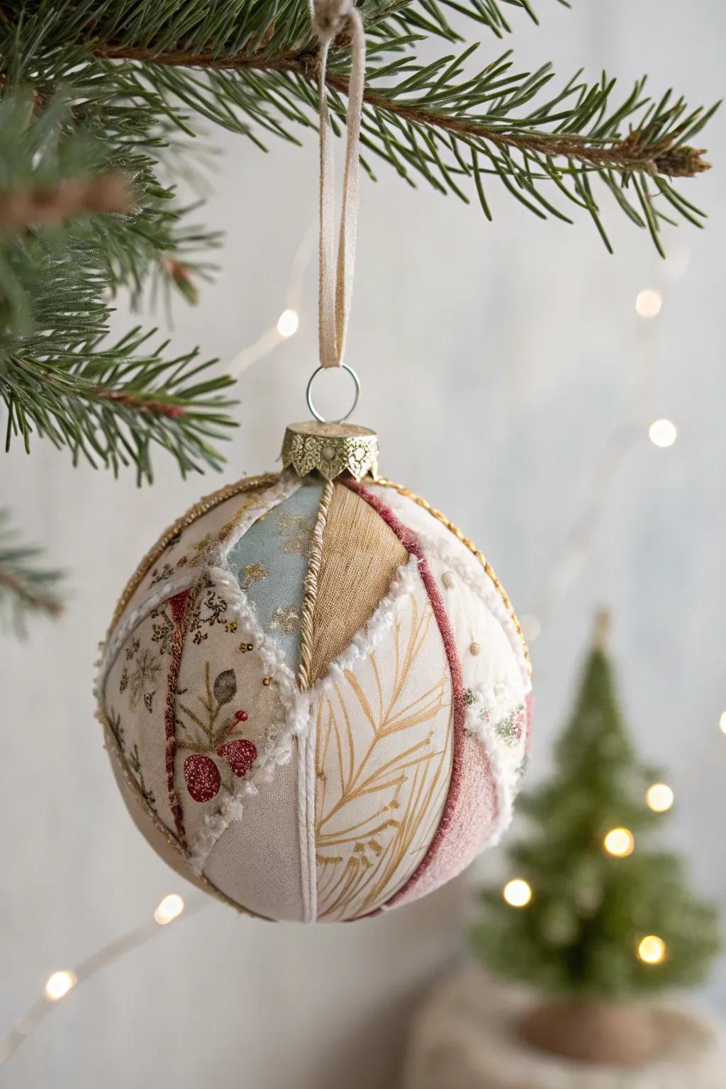 Create unique mixed media ornaments combining fabric, paper, and paint for a rich holiday aesthetic.
