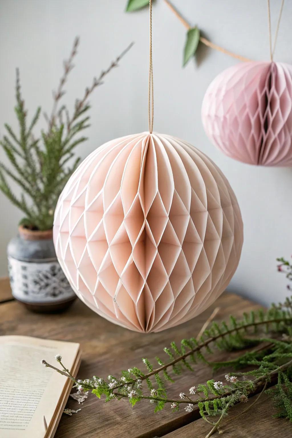 Make a statement with large paper honeycomb ornaments that blend minimalist and boho styles.