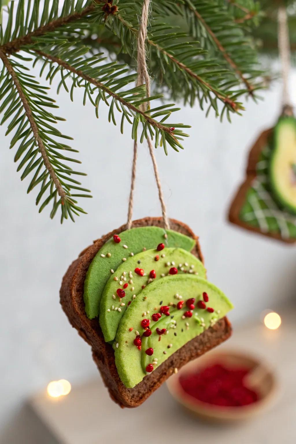 Add a fun and quirky vibe to your tree with felt avocado toast ornaments.