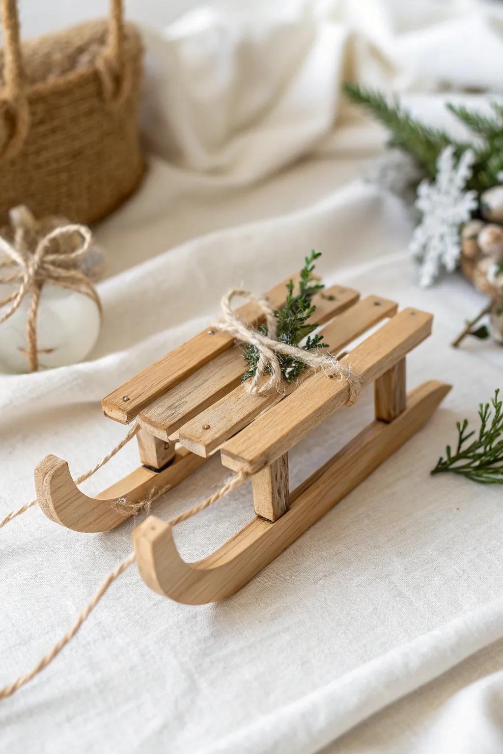 Invoke nostalgia with handcrafted popsicle stick sled ornaments for a minimalist holiday vibe.