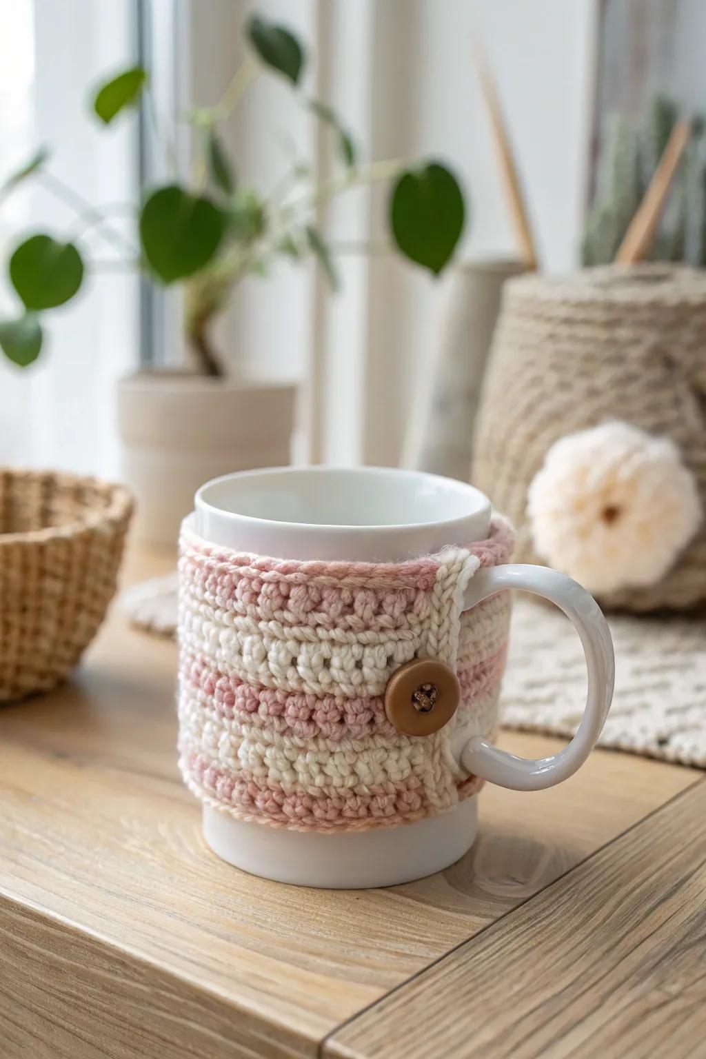 Add warmth and personality to your mugs with handmade crochet cozies.