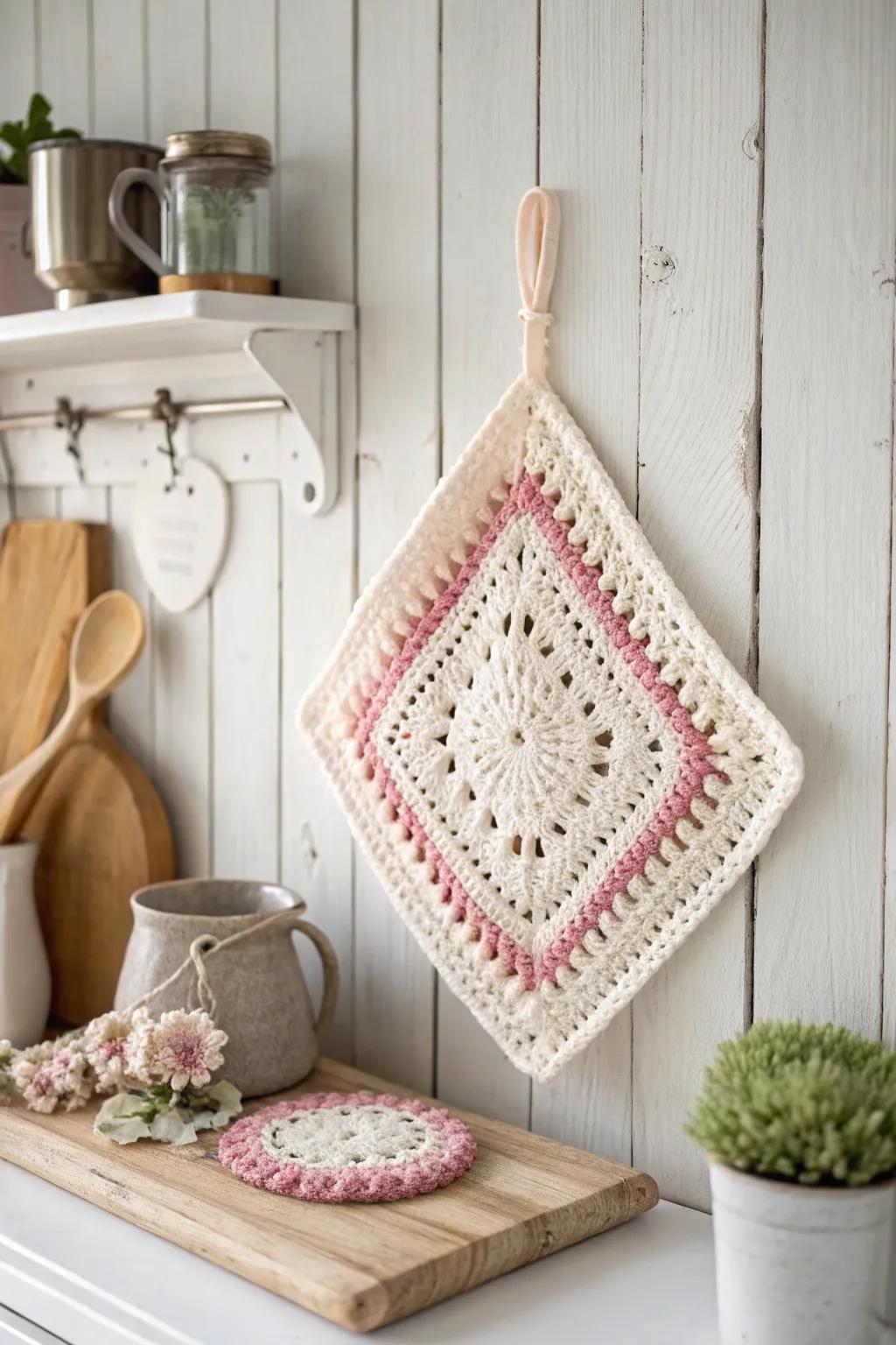 Handmade crochet potholders that add charm and utility to your kitchen.