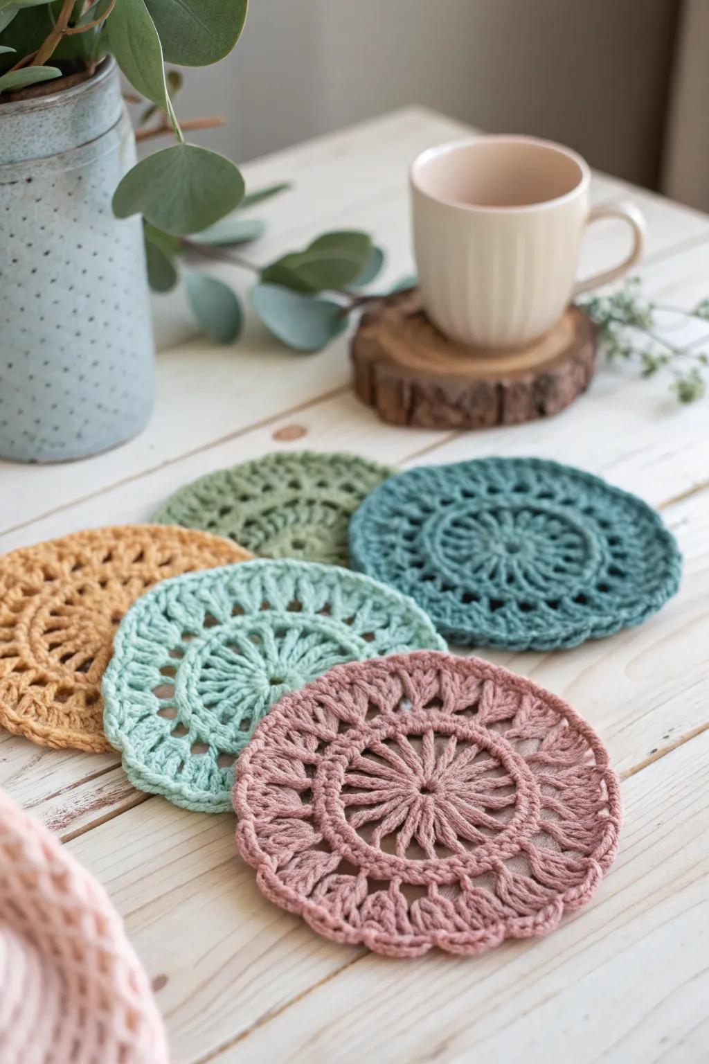 Handmade crochet coasters adding warmth and color to your space.