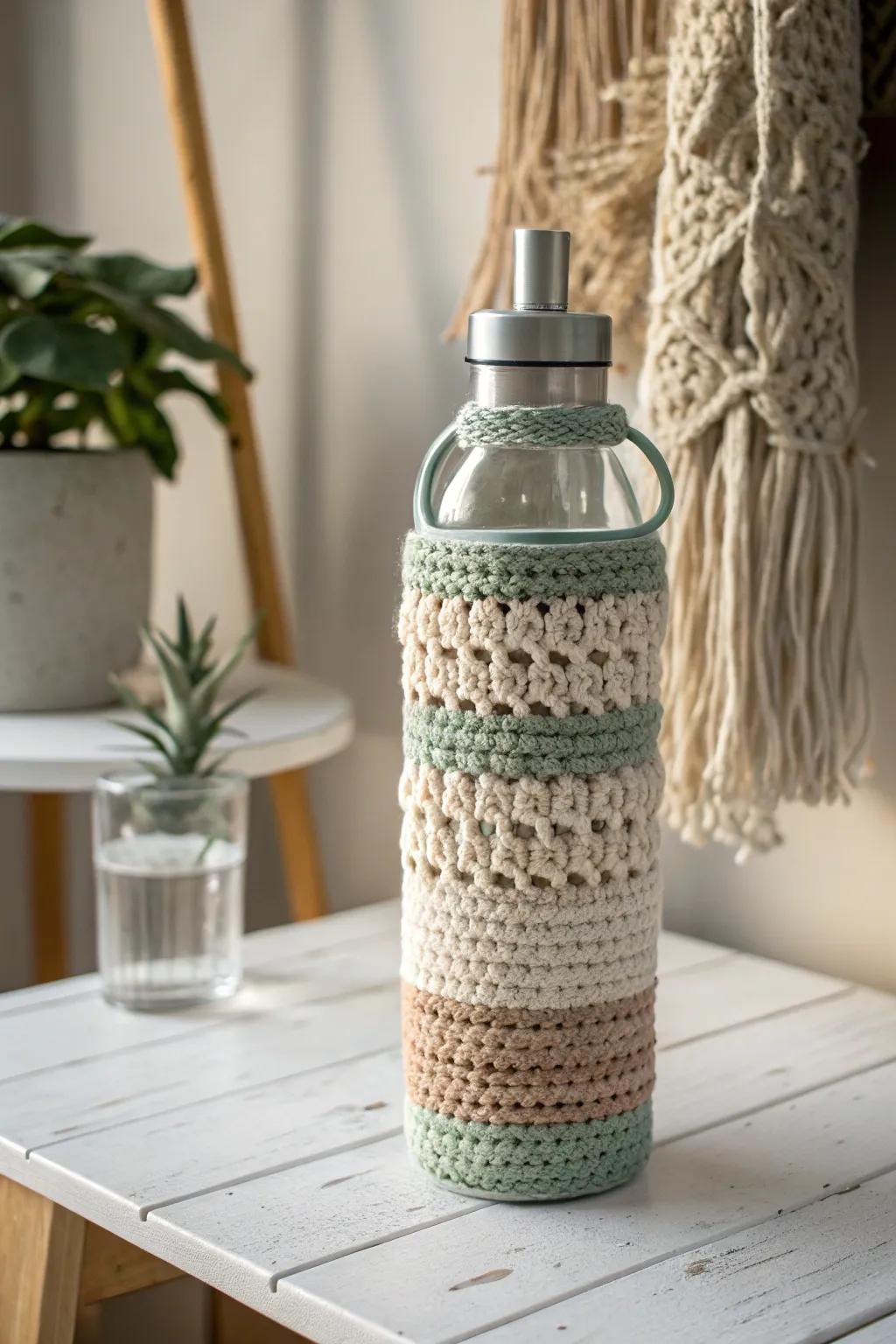 Stylish crochet bottle cozy to keep your drinks cool or warm.