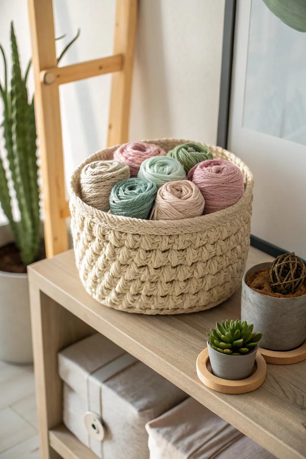 Chunky crochet baskets that combine functionality with cozy aesthetics.
