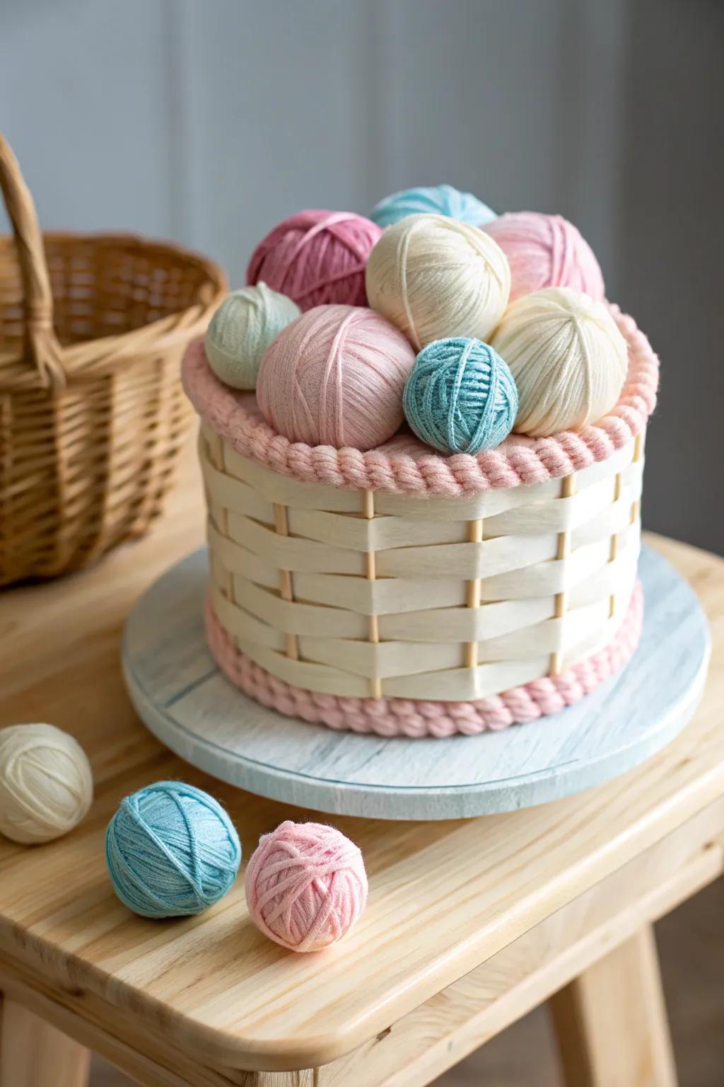 A stunning cake shaped like a basket filled with colorful yarn balls.