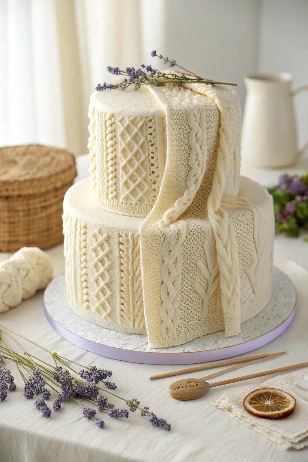 A cake draped with fondant resembling a soft crochet blanket.