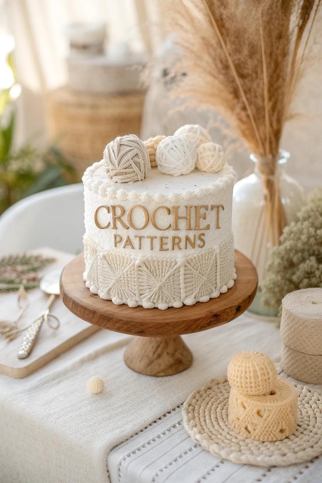 A minimalist cake personalized with fondant letters and crochet-inspired details.