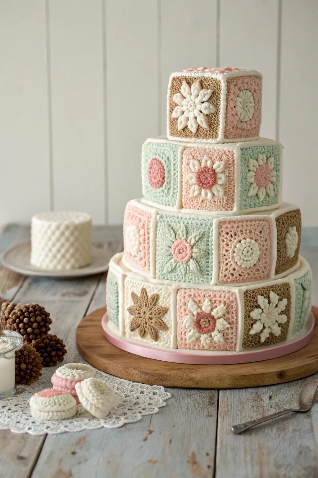 A cake decorated with fondant squares inspired by classic granny square crochet patterns.