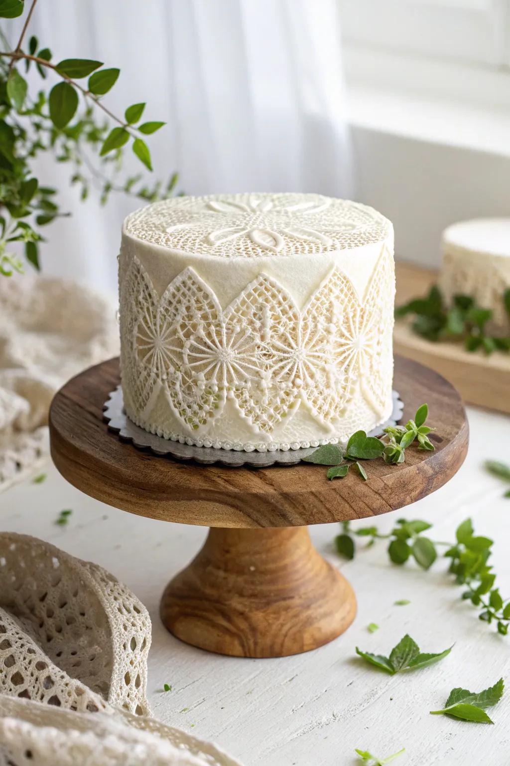 A cake adorned with edible lace resembling a delicate crochet doily.
