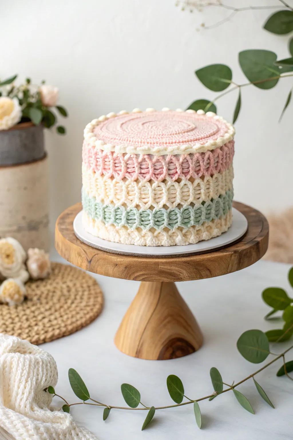 A cake decorated with piped icing that mimics crochet stitch patterns.