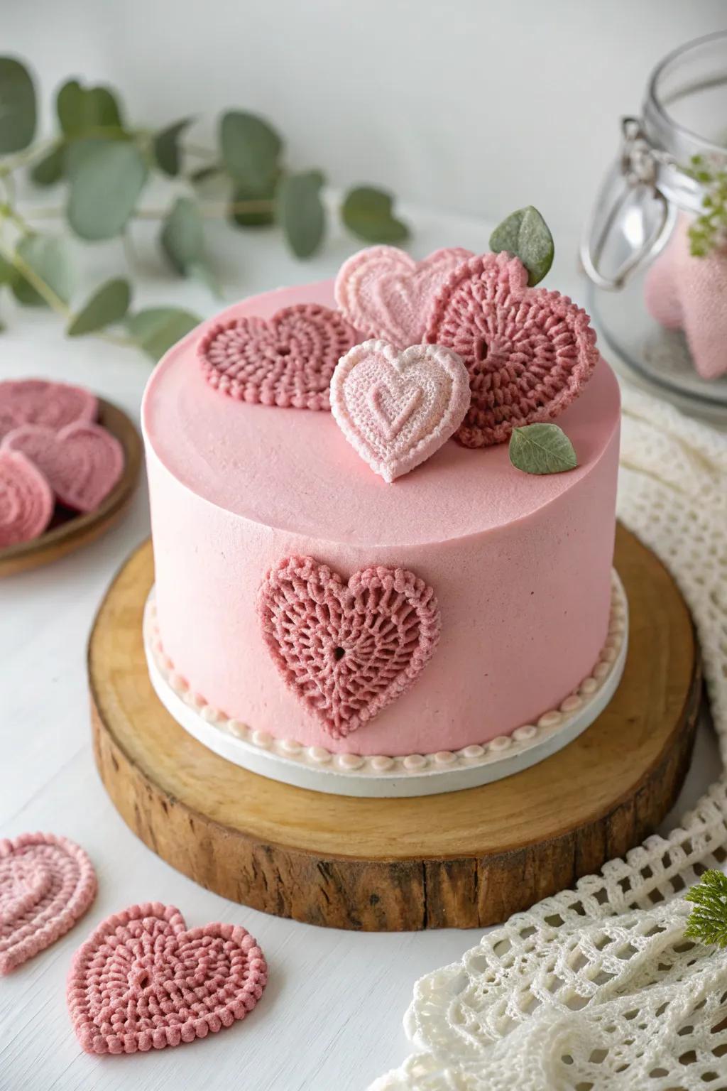 A cake topped with fondant hearts styled like crochet yarn stitches.