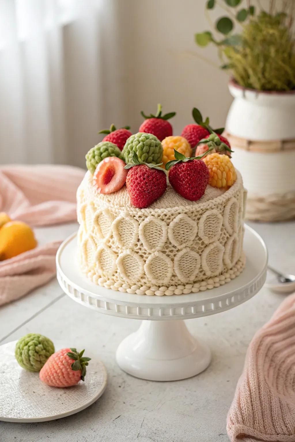 A fondant cake decorated with crochet-inspired fruit designs.