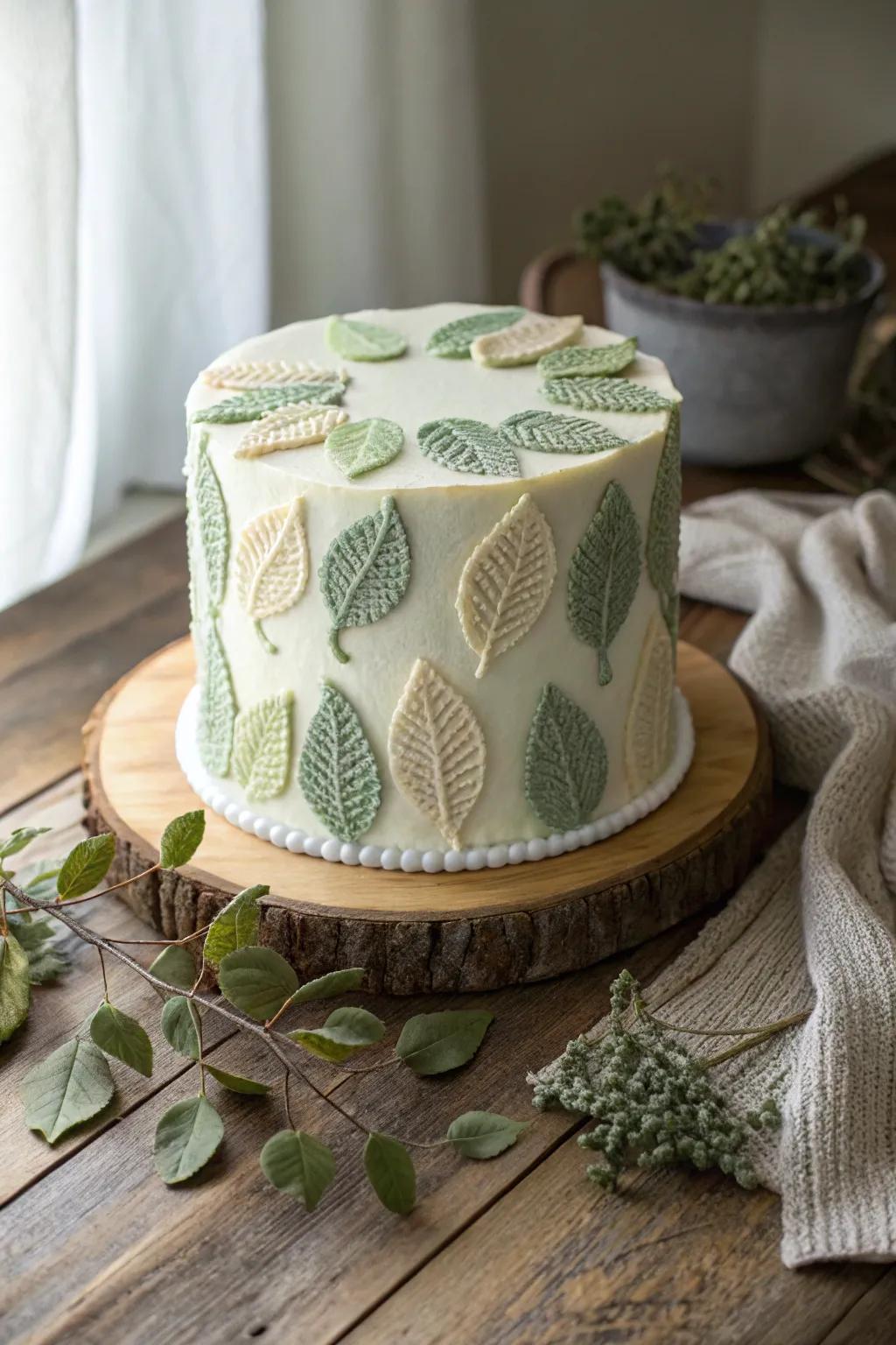 A cake decorated with fondant leaves that resemble crochet patterns, blending nature and art.