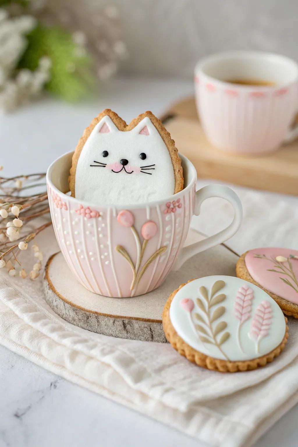 Peek-a-boo! This charming cat-in-a-cup cookie is the perfect blend of minimalist elegance and playful design.