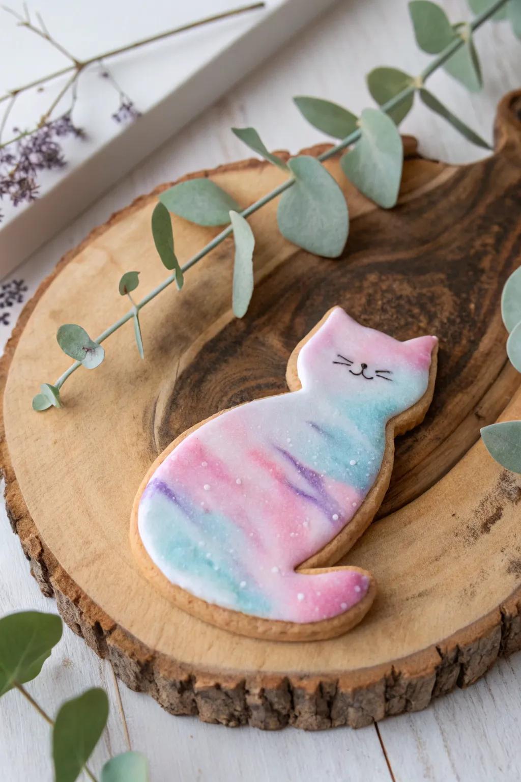 Delight in the art of simplicity with this watercolor wash cat cookie, a perfect blend of elegance and creativity.