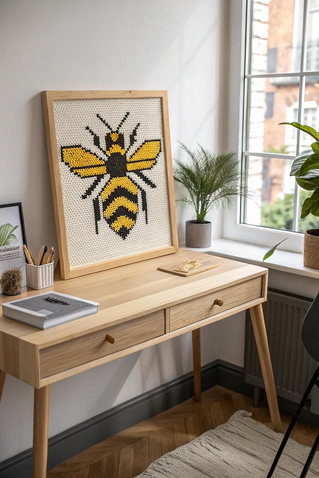 Brighten your space with a lively pixel art bee design.