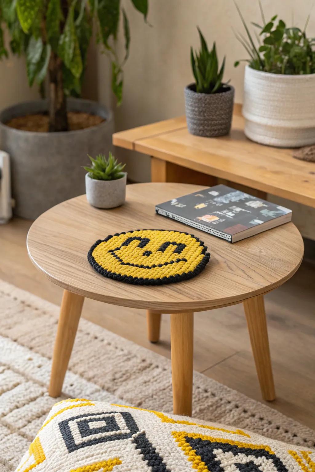 Handmade pixel emoji coasters add a playful accent to your home.