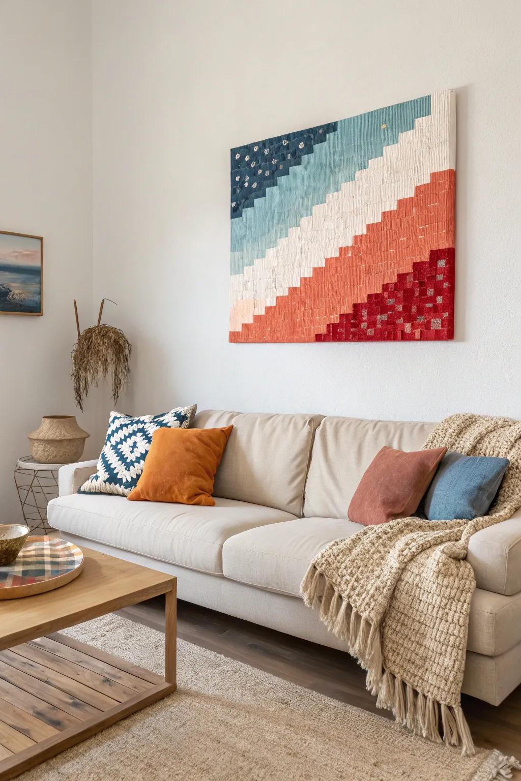 Abstract pixel art with bold color blocking for a contemporary look.