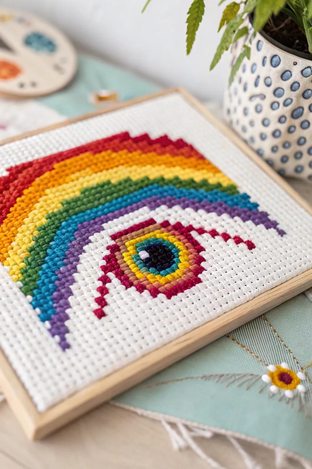 Vibrant rainbow eye pixel art that adds a splash of color to any room.