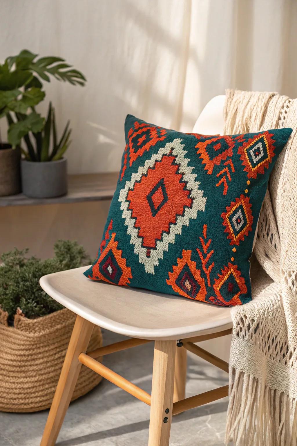 Out-of-focus pixel art cushion adding bold color and intrigue to minimalist decor.