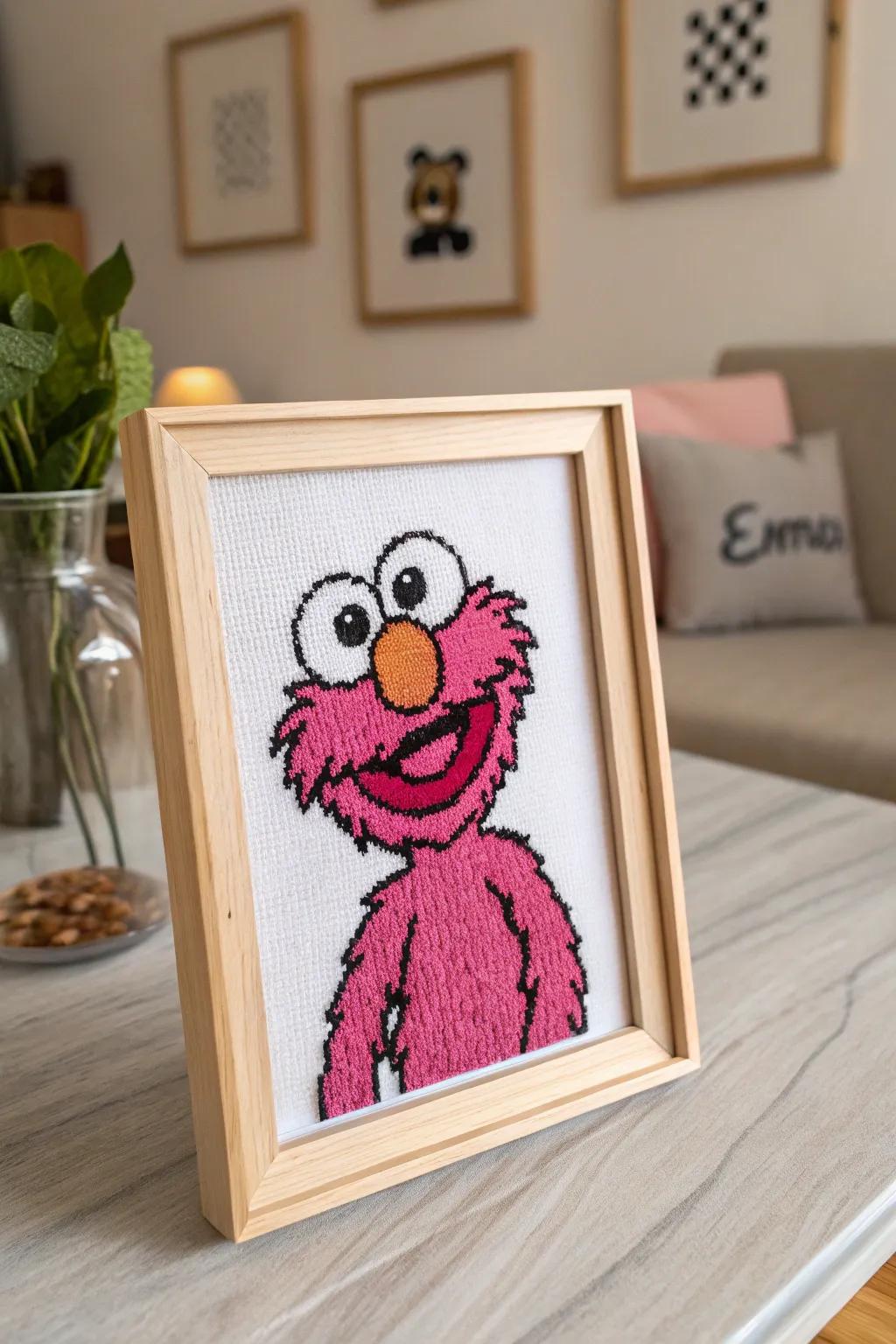 Vibrant pink cartoon character pixel art adding charm and creativity.