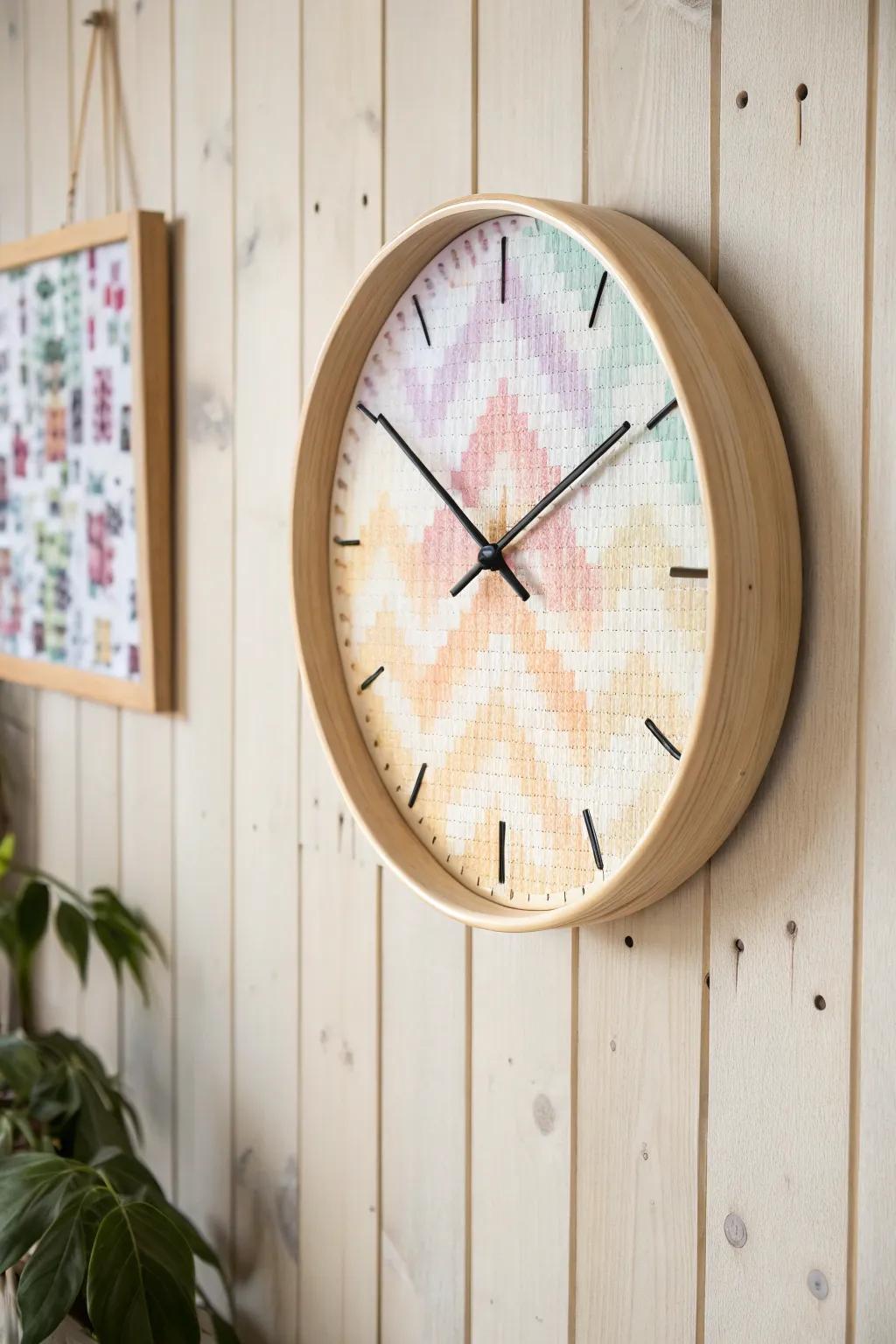 Minimalist pixel art wall clock combining function and style.