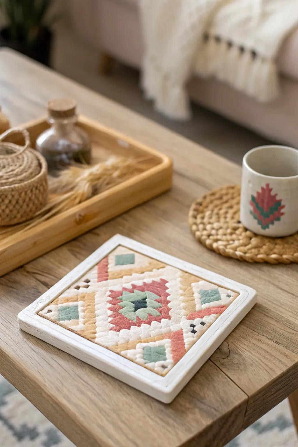 Handcrafted pixel art coasters that add playful elegance to your coffee table.