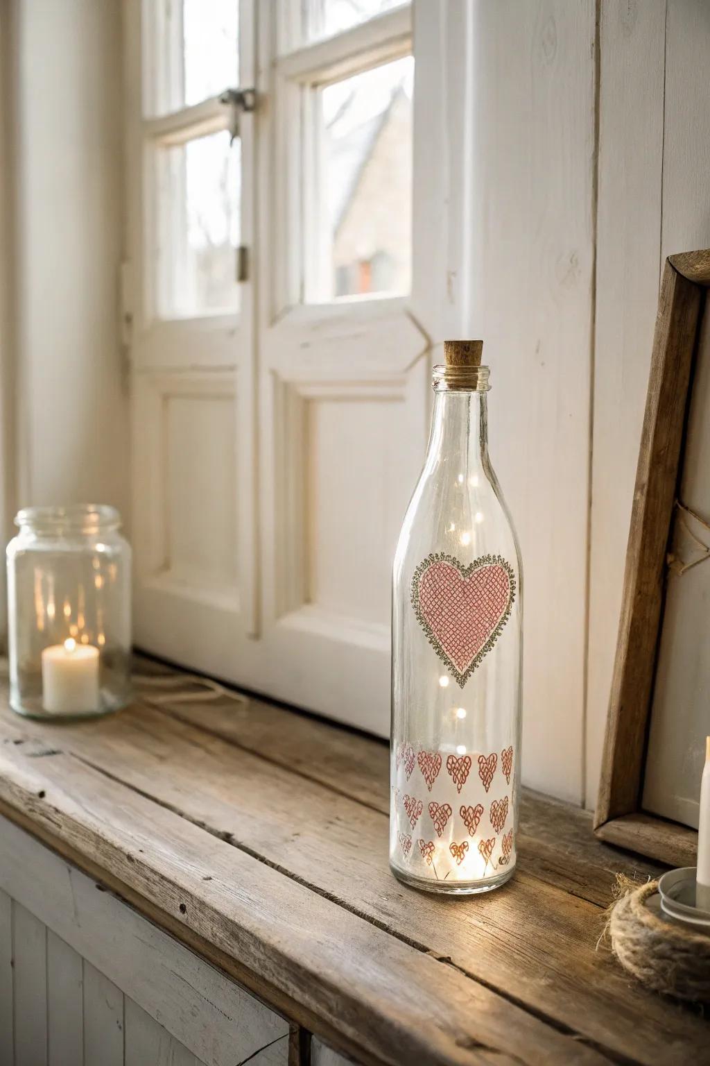 Minimalist pixel art heart in a bottle, blending boho and serene styles.