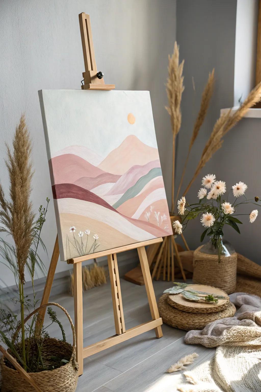 Minimalist art capturing the calmness of hills dotted with flowers.