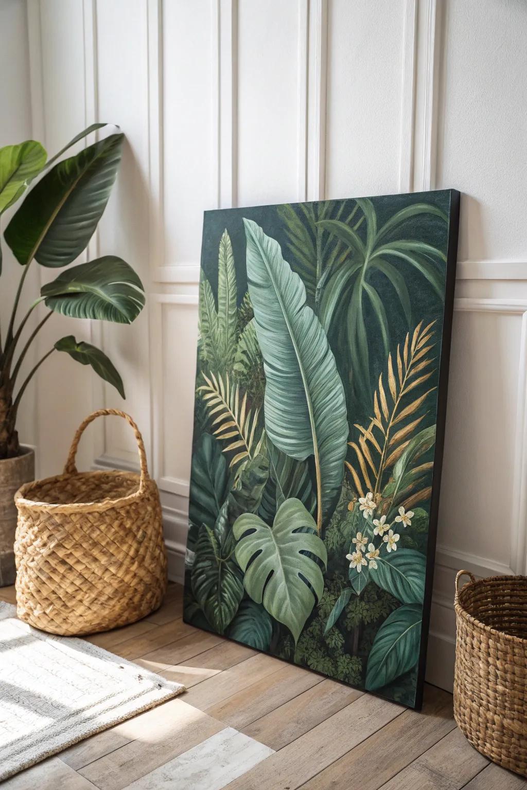 Invite nature indoors with vibrant botanical paintings that celebrate greenery.