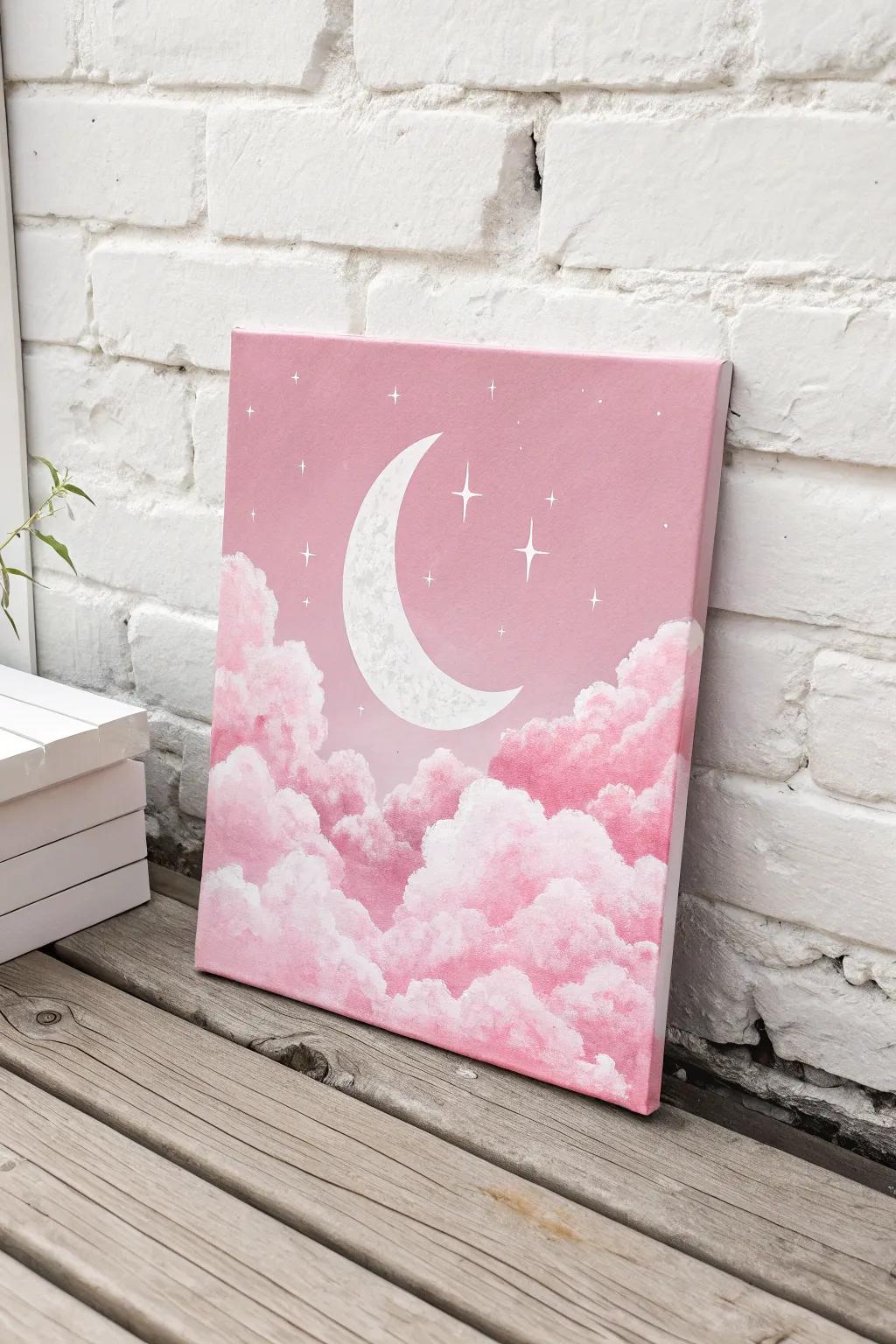 Capture the gentle beauty of a pink sky with a serene moon in this elegant painting.