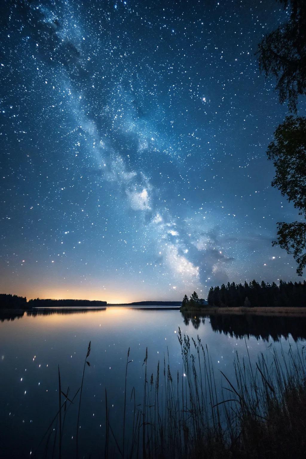 A minimalist masterpiece capturing the serene beauty of a starry night reflected on water.