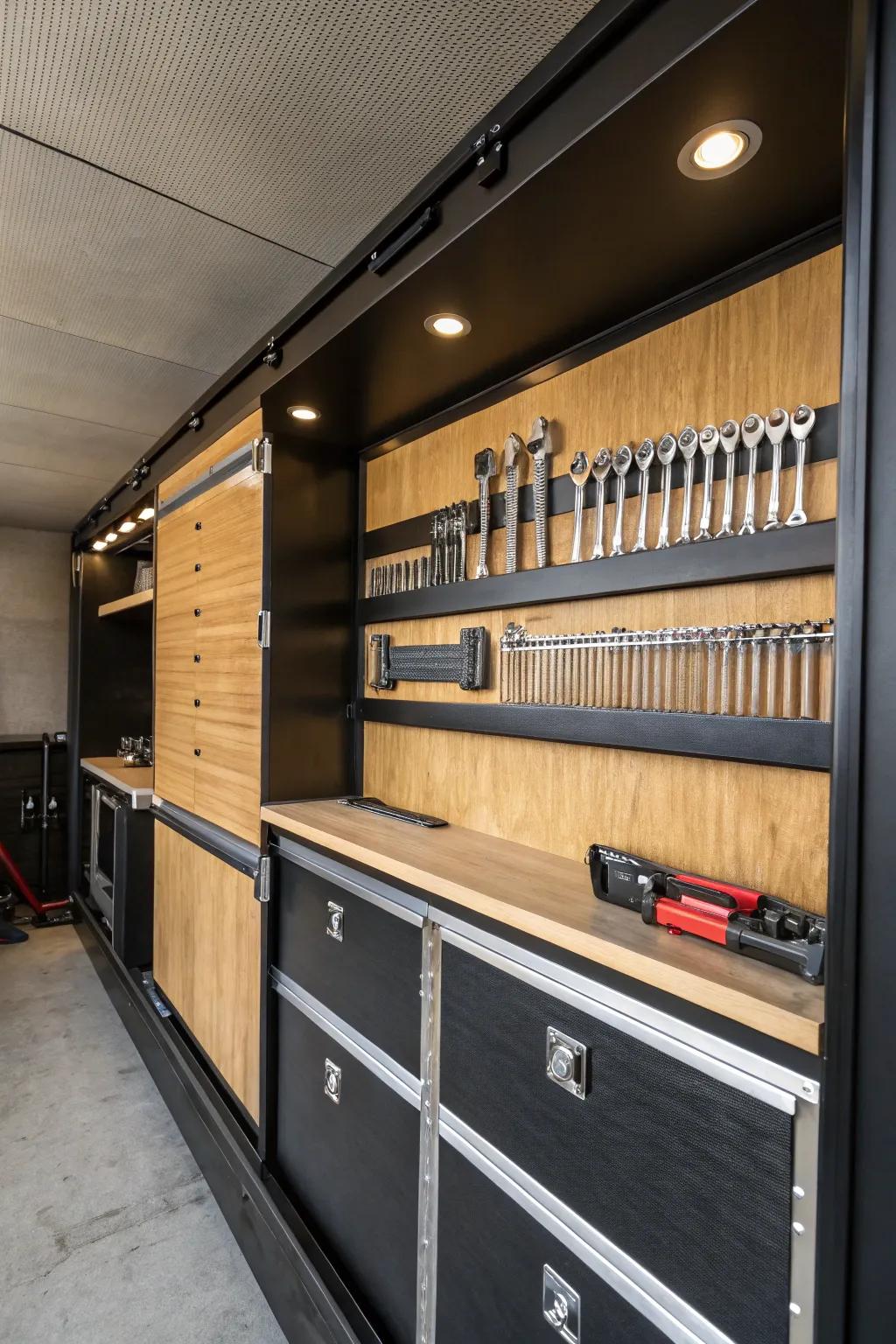 Modern magnetic strips for efficient tool storage.