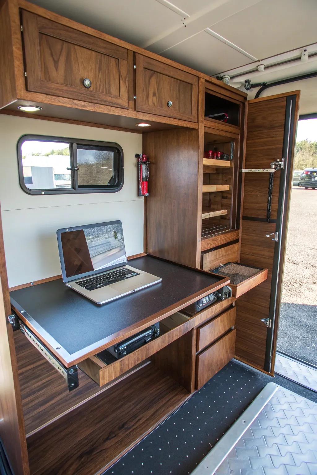 Fold-down workstations that turn your trailer into a mobile office.