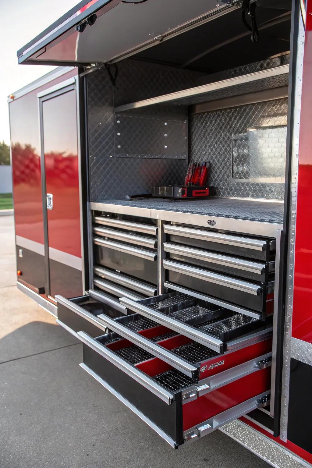 Slide-out drawers for easy access to deep storage areas.