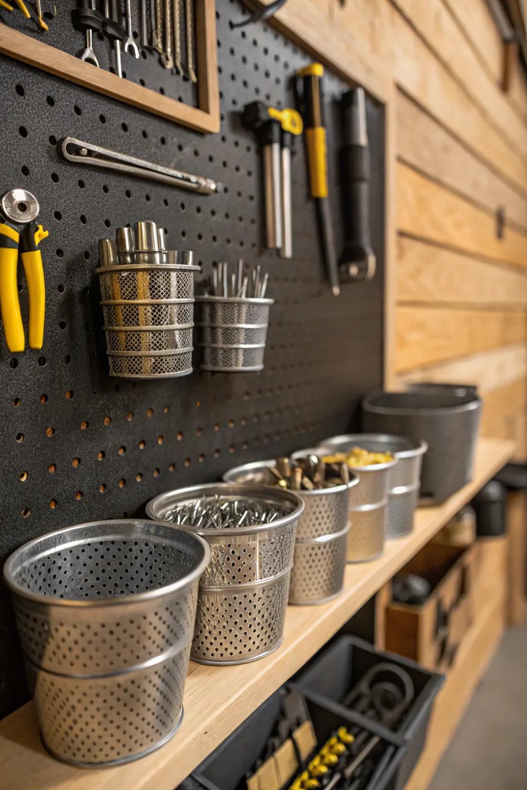 Combine style and practicality by adding baskets and cups to your pegboard for small item storage.