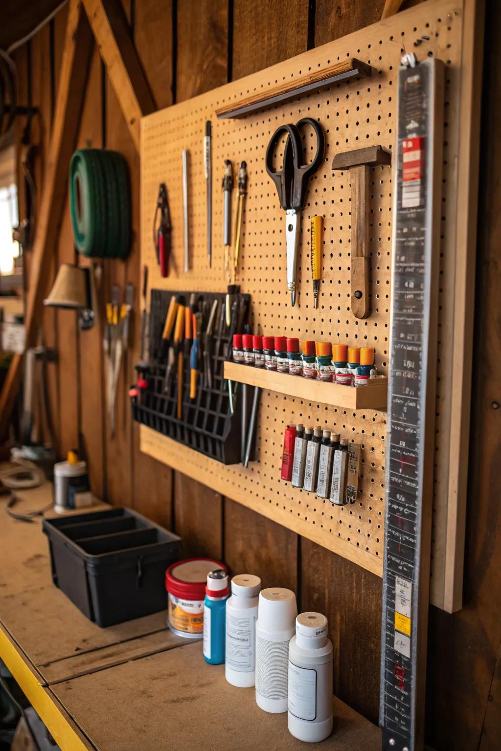 Create a stylish and functional crafting corner with a well-organized pegboard.
