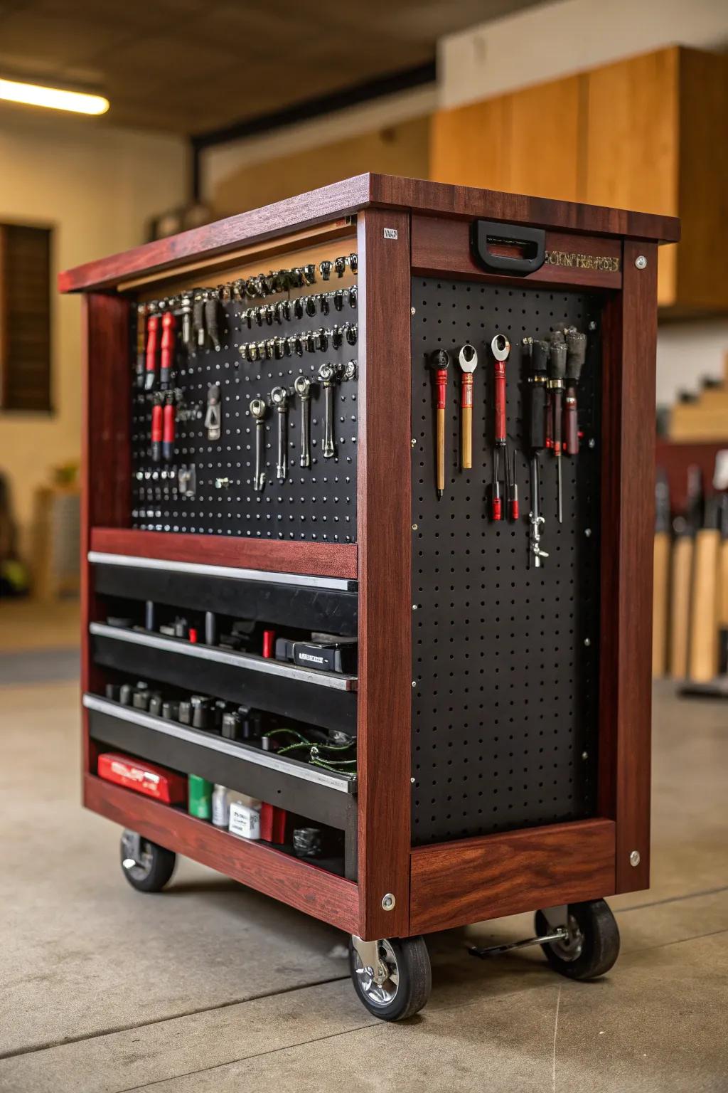 Combine mobility and organization with a rolling pegboard cart for your tools.