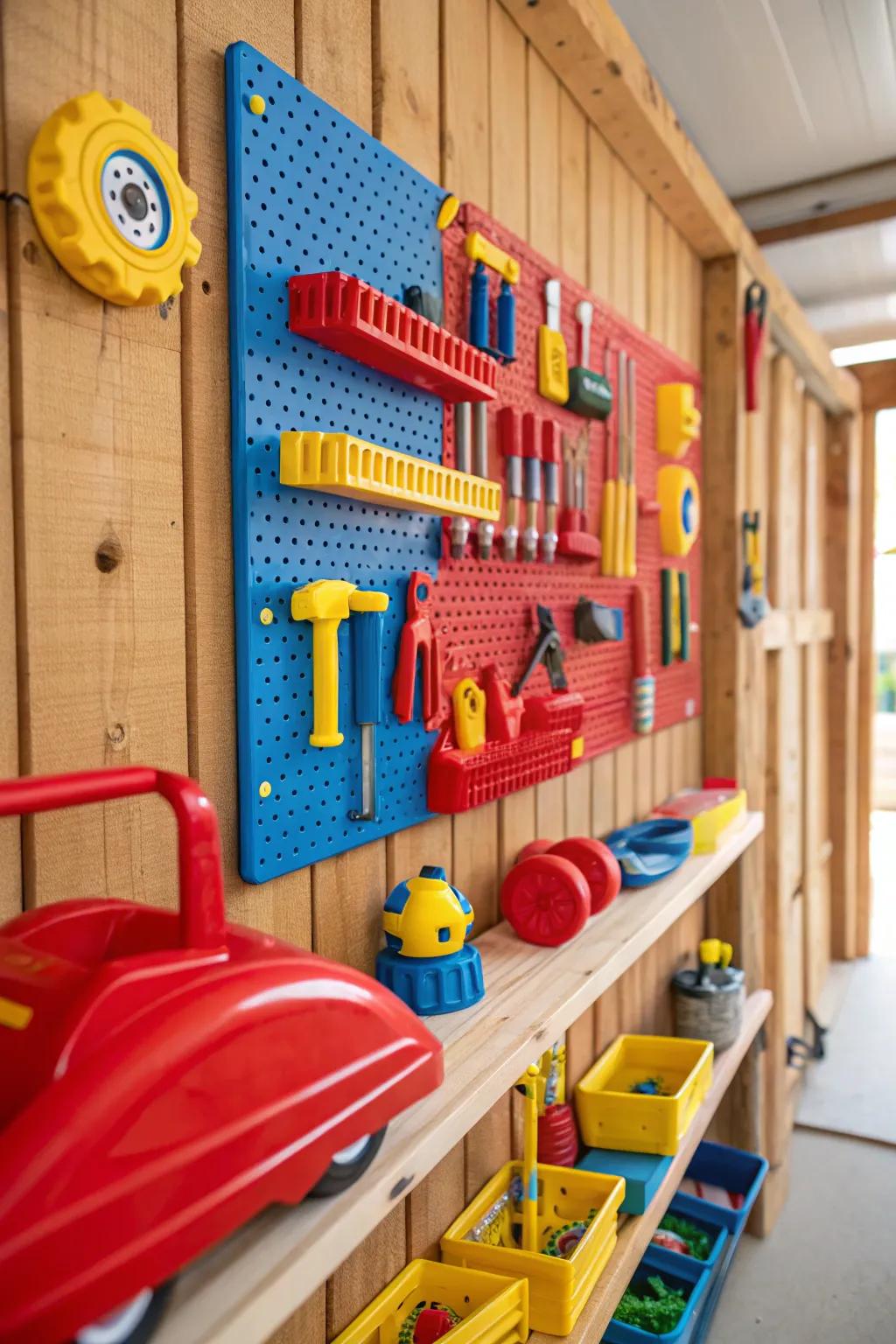 Create a colorful pegboard area for children to organize their toys and tools.
