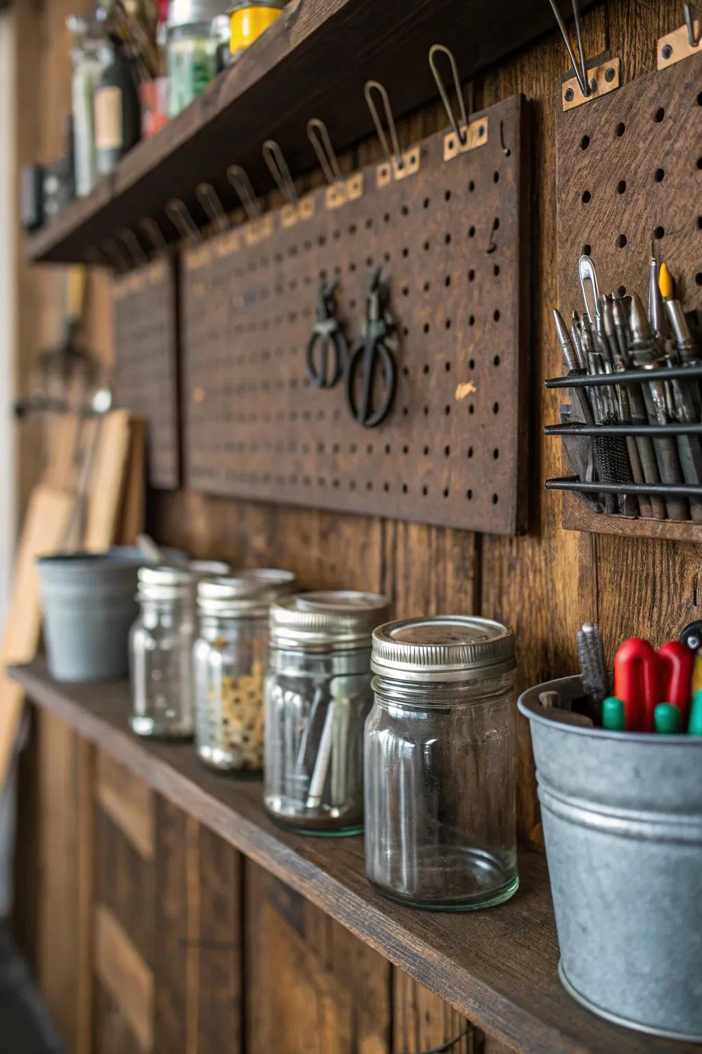 Add character and sustainability to your garage with upcycled jars as pegboard storage.