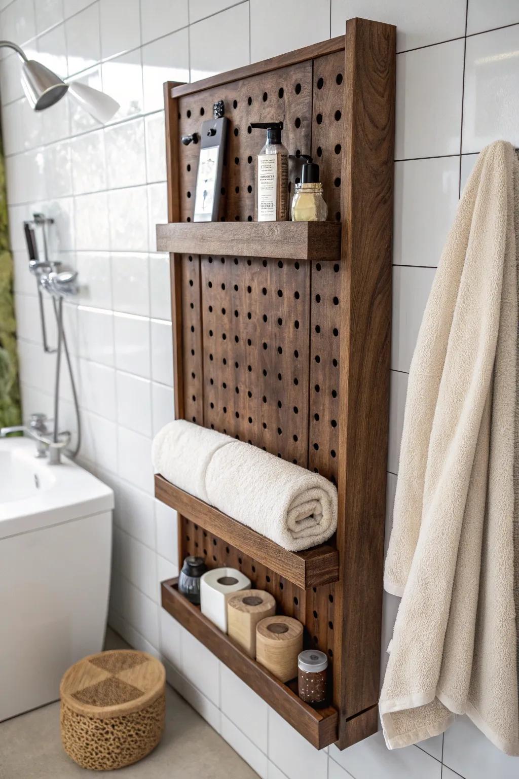 Add a pegboard to your bathroom for neat storage of towels and toiletries.