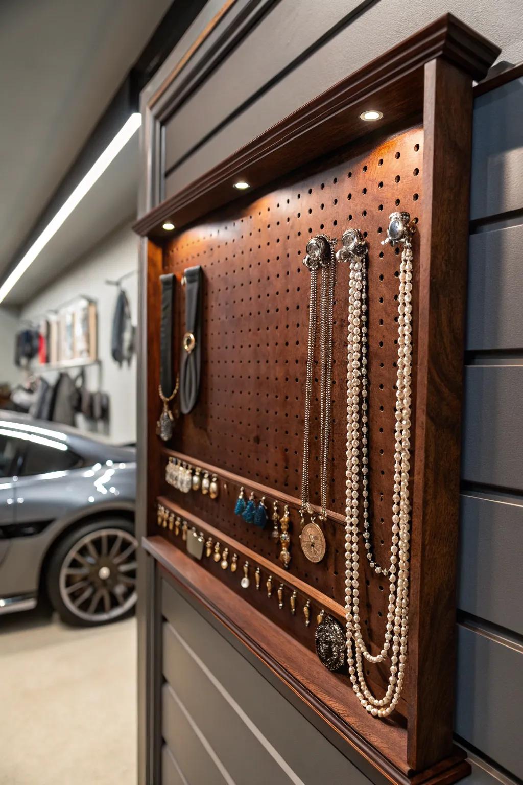 Display your jewelry beautifully with a pegboard that combines function and style.