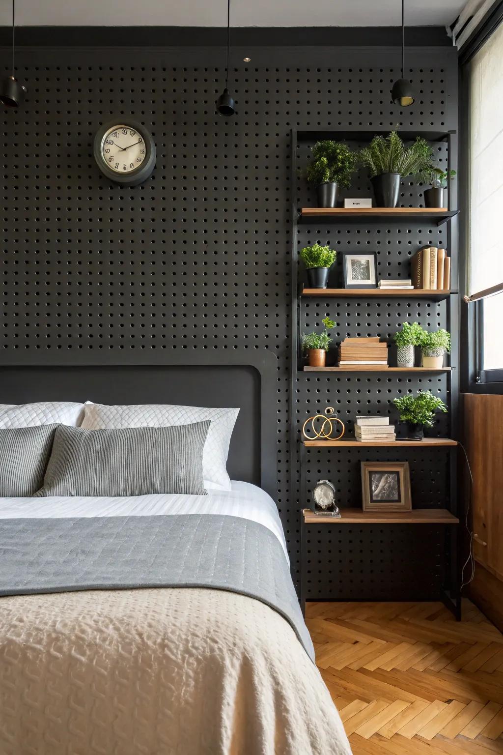 Add a unique flair to your bedroom by using a pegboard as a headboard.