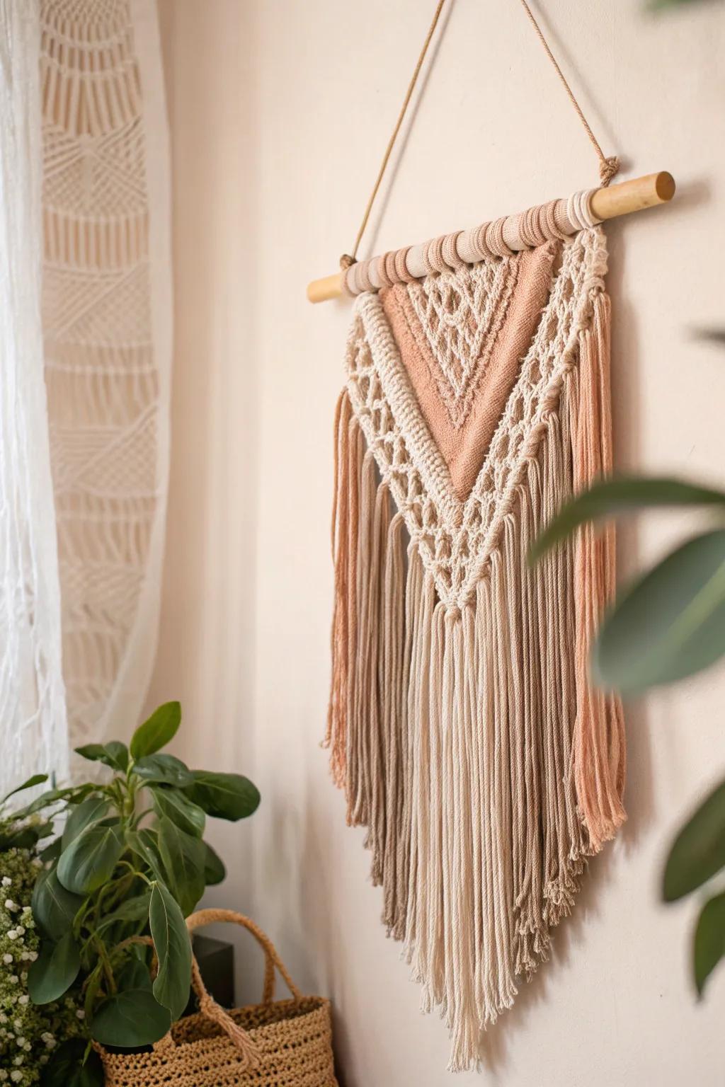 Combine macramé and yarn for a chic boho wall hanging.
