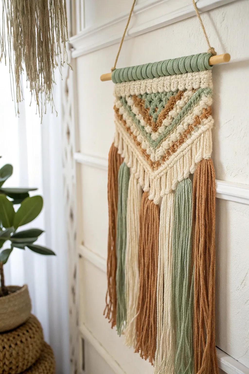 Experience the soothing effect of handwoven yarn wall art.