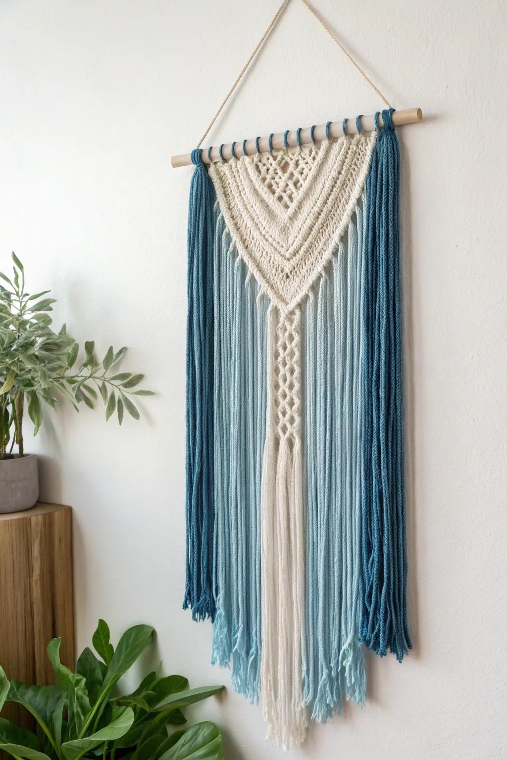 Create dynamic wall art with layered yarn in varying lengths and hues.